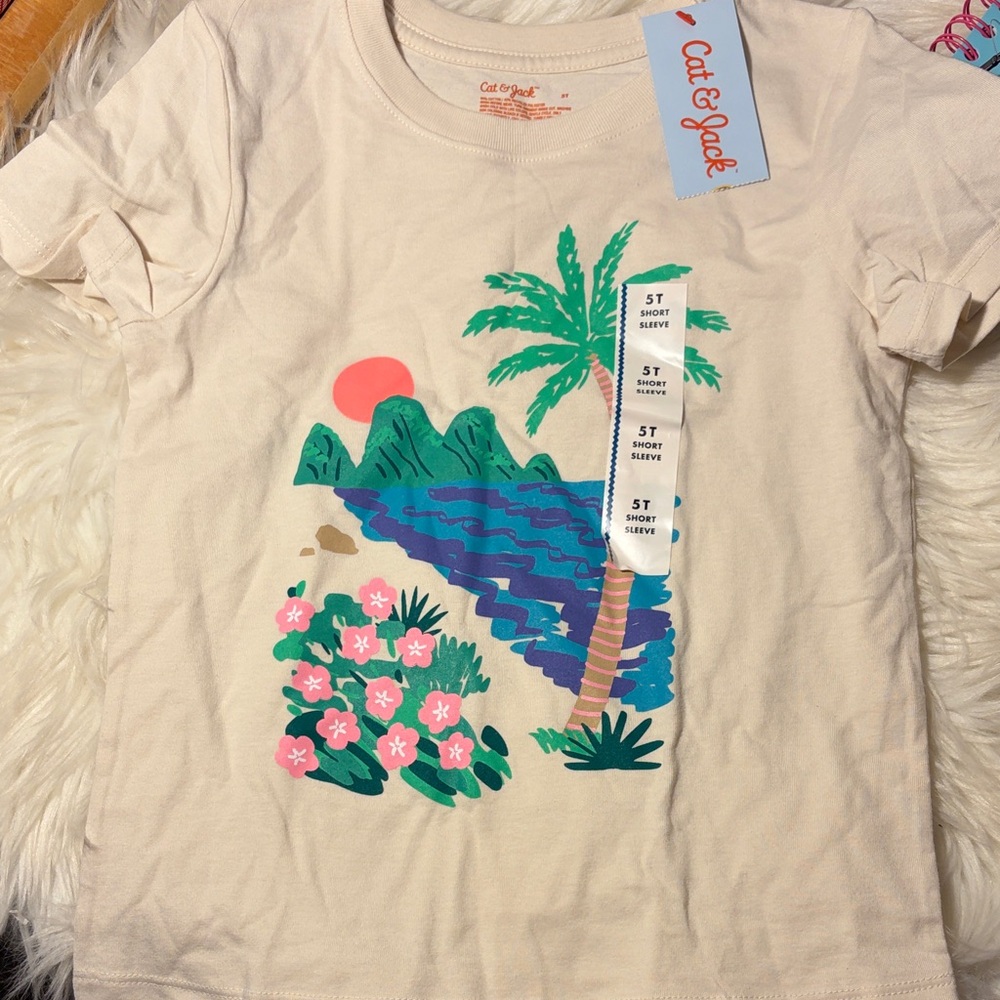 Cat & Jack Cream Short Sleeve Tee with Pink, Green & Blue Tropical Print